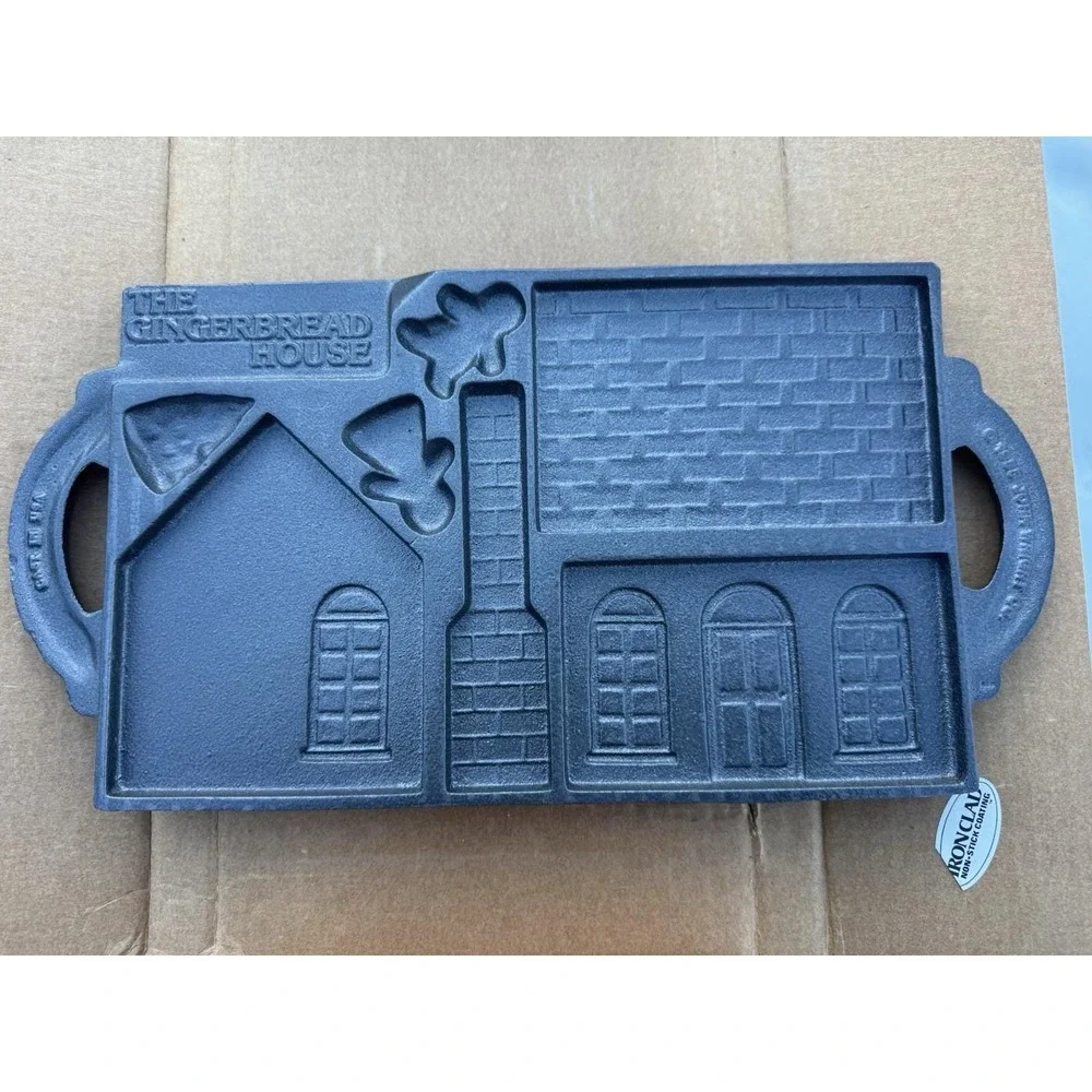 John Wright 1985 Double Sided Cast Iron Gingerbread House Baking Mold  NOS BOX